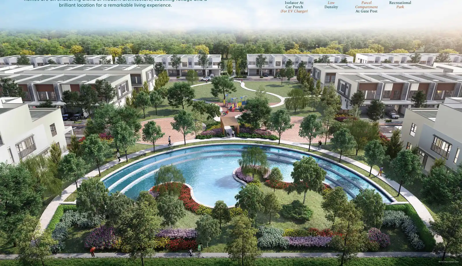 Aerial view of Kew Green's circular water feature, linear park and children's playground between linked homes